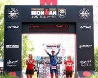 KLAGENFURT, AUSTRIA - JULY 01:  Mareen Hufe of Germany celebrates winning IRONMAN Austria-Karnten on July 1, 2018 in Klagenfurt, Austria.  (Photo by Bryn Lennon/Getty Images for IRONMAN)